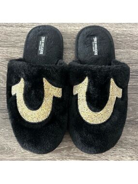 True Religion Black Faux Fur Slides with Gold Horseshoe Logo